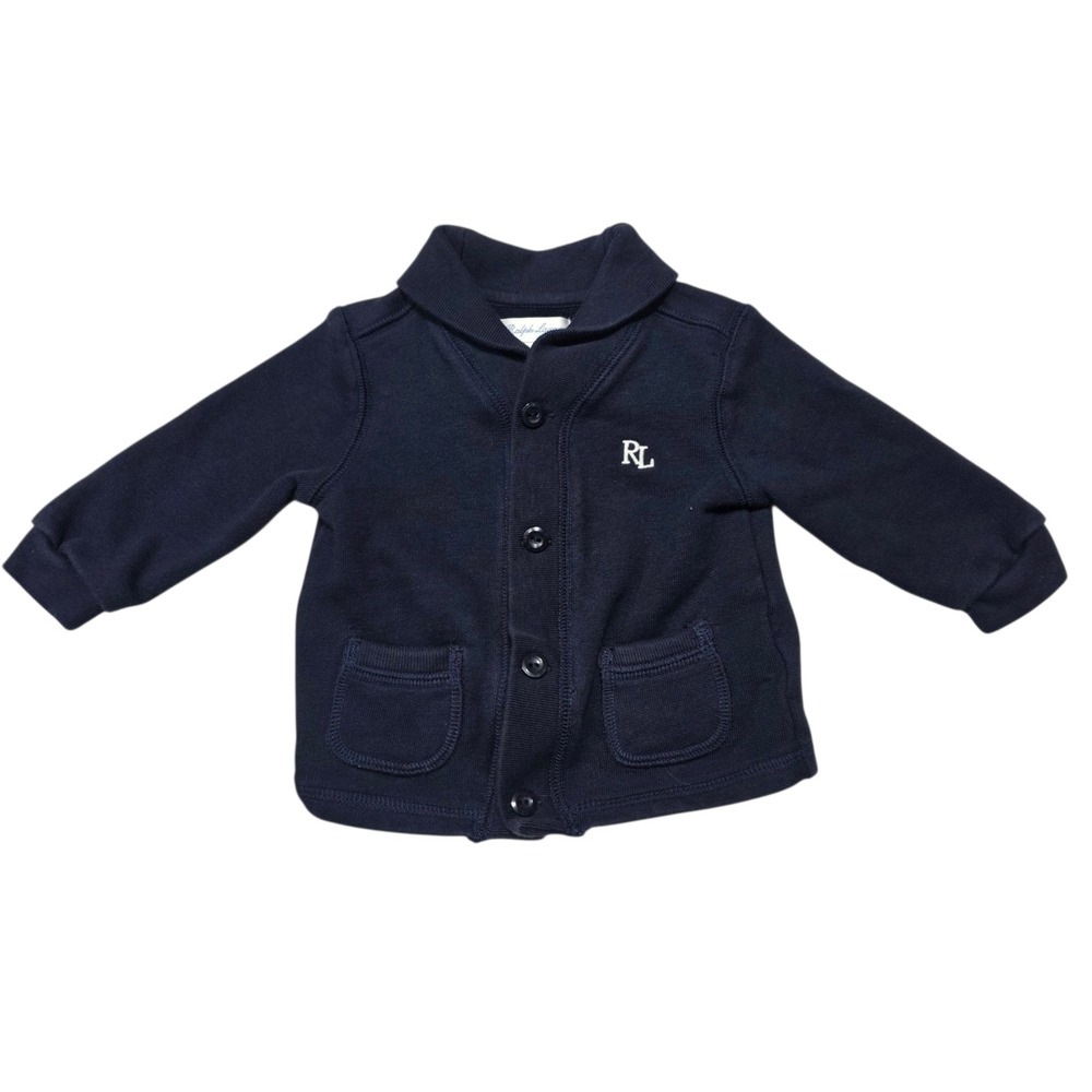 Ralph Lauren Cardigan Sweater Unisex 6M Navy Blue Shawl Collar Cotton Logo